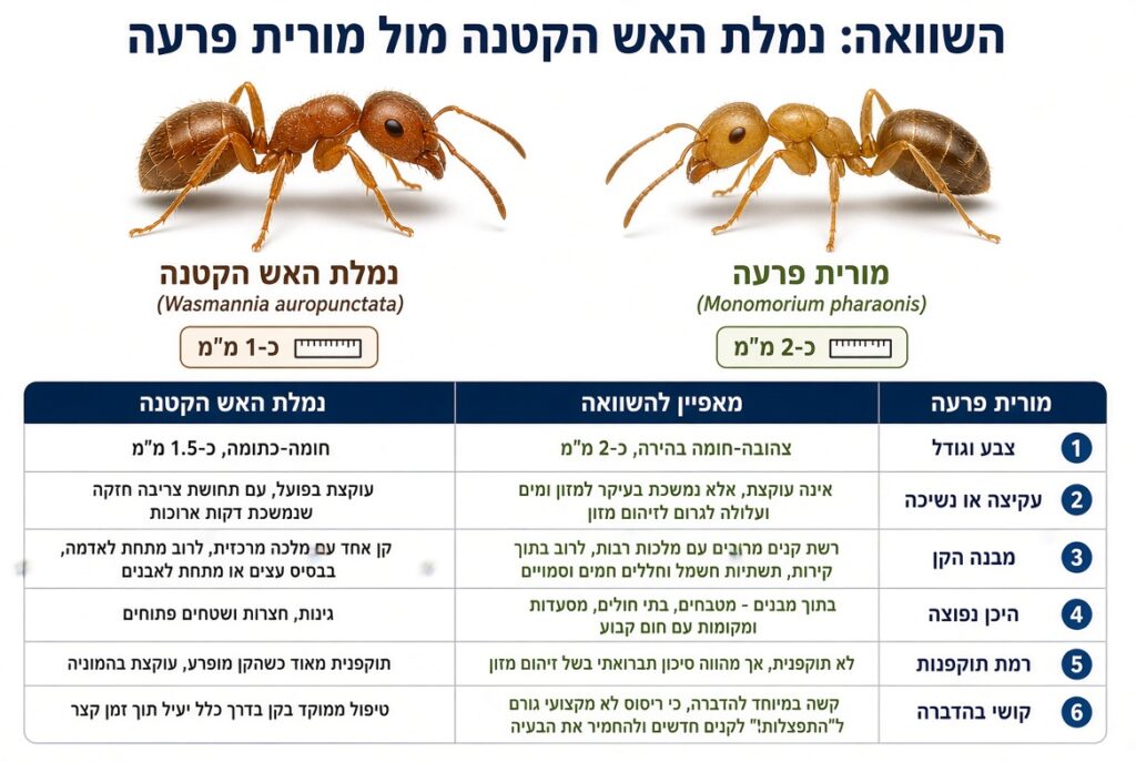 ההבדל בין נמלת האש לנמלה מורית פרעה