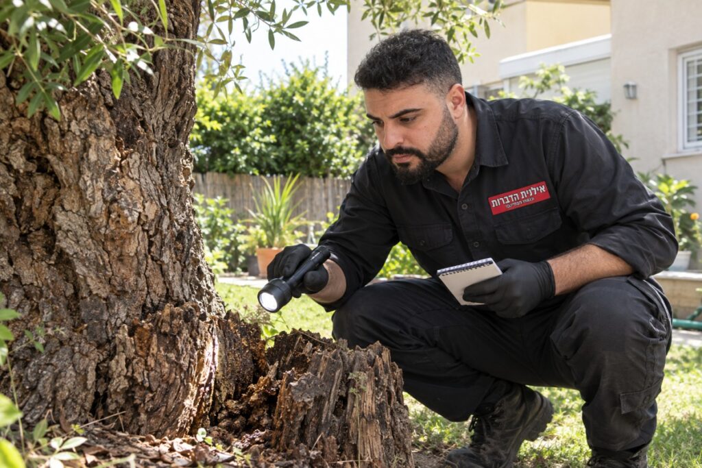 מדביר של אילנית הדברות בודק עם פנס את בסיס עץ וגדם רקוב בחצר בחיפוש אחר סימני טרמיט פורמוסי