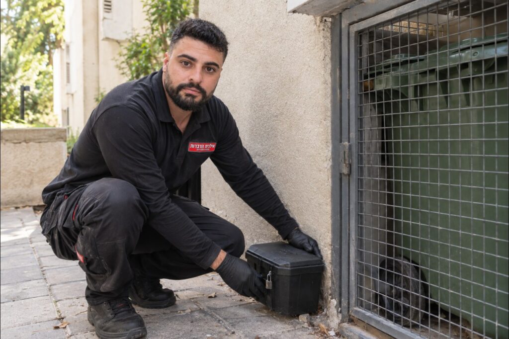 מדביר של אילנית הדברות מציב תיבת האכלה נעולה נגד עכברושים ליד חדר האשפה של בניין מגורים