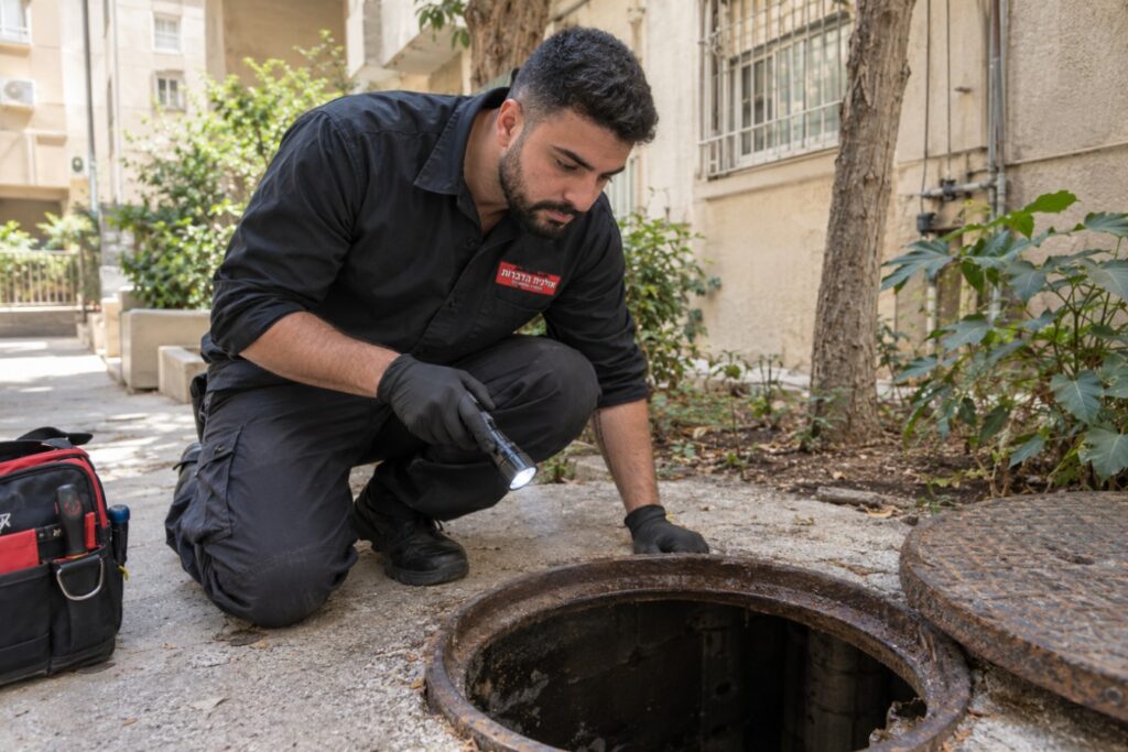 מדביר מוסמך של אילנית הדברות כורע ליד פתח ביוב פתוח בחצר בניין ובודק עם פנס סימני חולדות