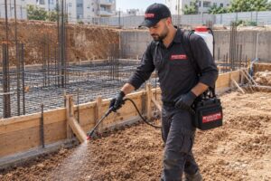 מדביר של אילנית הדברות מרסס מחסום קרקע נגד טרמיטים באתר בנייה לפני יציקת היסודות