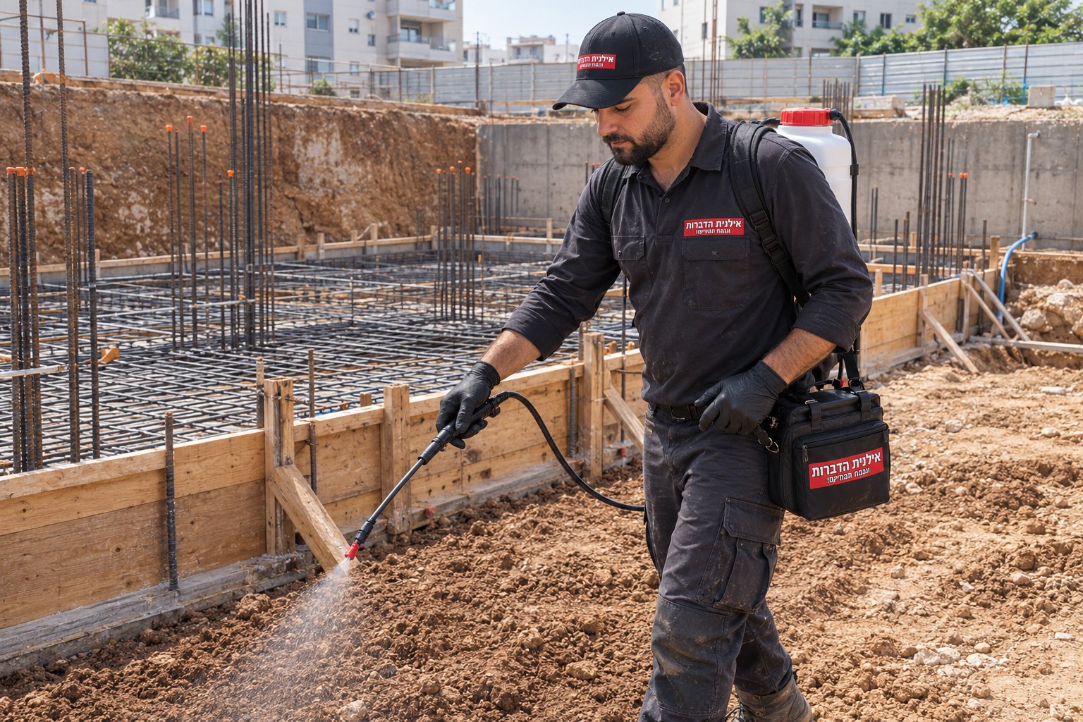 מדביר של אילנית הדברות מרסס מחסום קרקע נגד טרמיטים באתר בנייה לפני יציקת היסודות