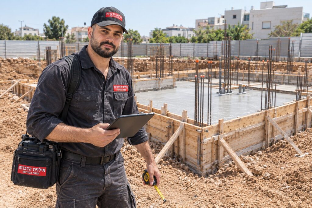 מדביר של אילנית הדברות בודק את היקף הבנייה באתר לפני טיפול מונע בטרמיטים