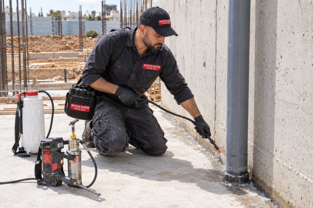 מדביר של אילנית הדברות מטפל בבסיס קיר היסוד ובמעבר צינור בתוך הרצפה כהגנה מפני טרמיטים